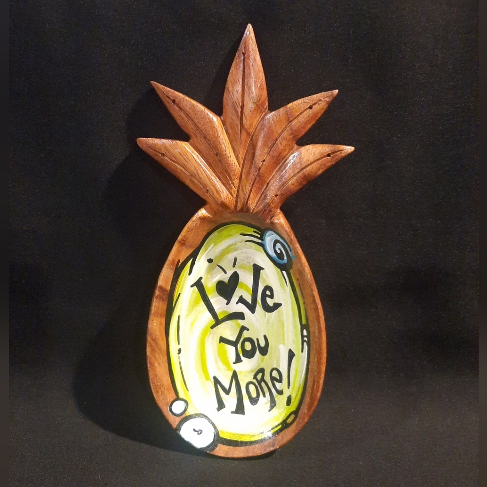 Vintage Hand-painted Pineapple Blair Hawaii Monkey Pod Wood Trinket Dish